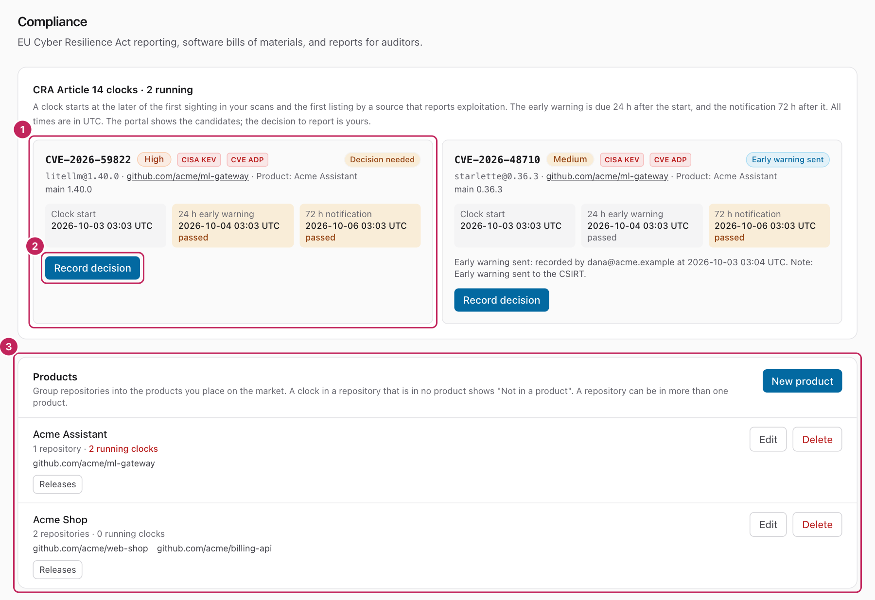 The Compliance page, with two CRA clocks and the list of two products.