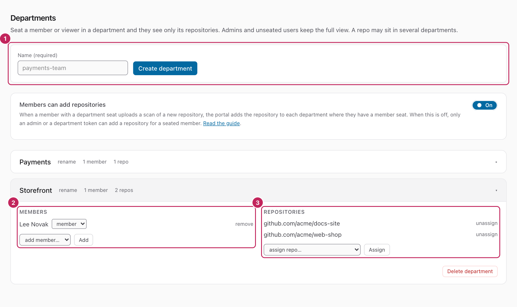 The Departments page, with the department Storefront open: one member and two repositories.