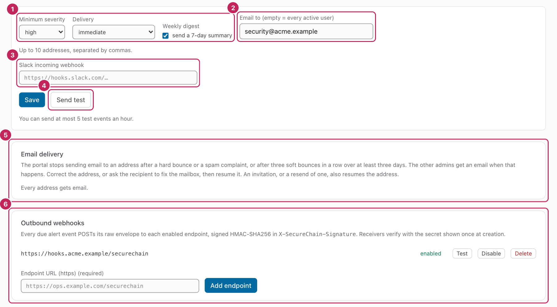 The Notifications page, with the alert settings, the Email delivery section, and one outbound webhook.
