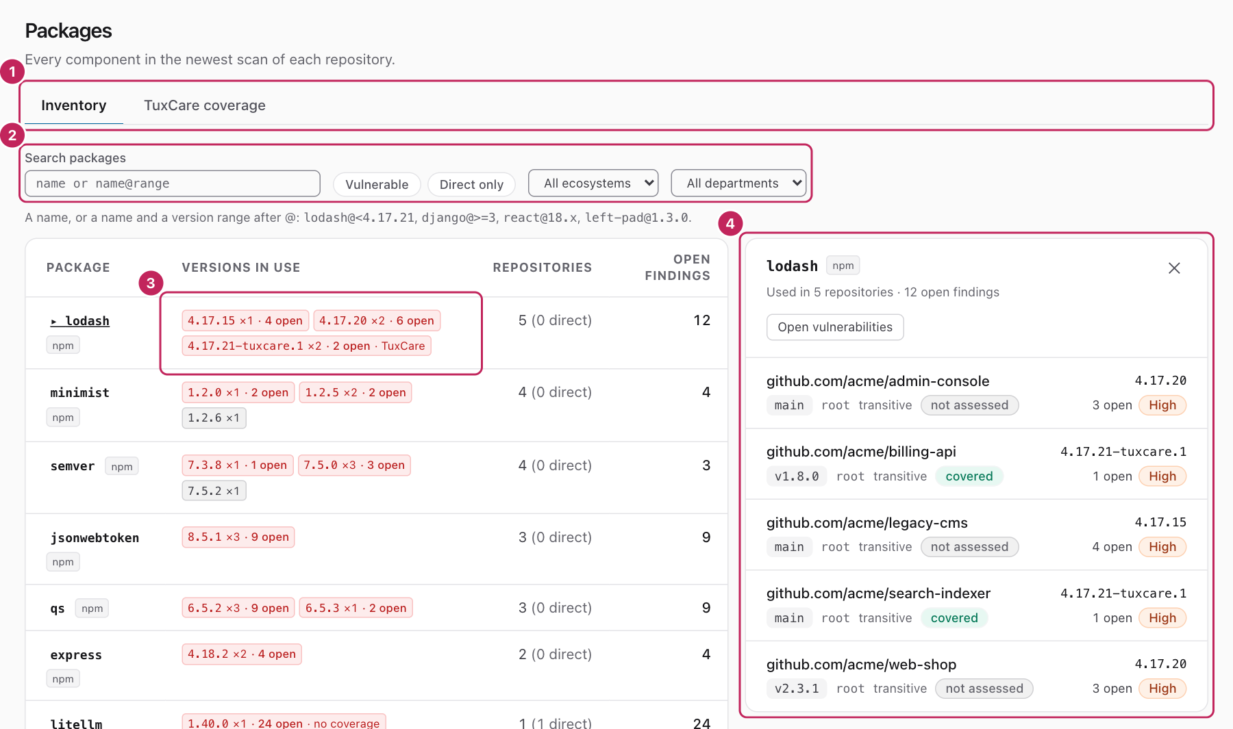 The Inventory tab of the Packages page, with the package lodash selected and its usage panel open: five repositories, each with its version.