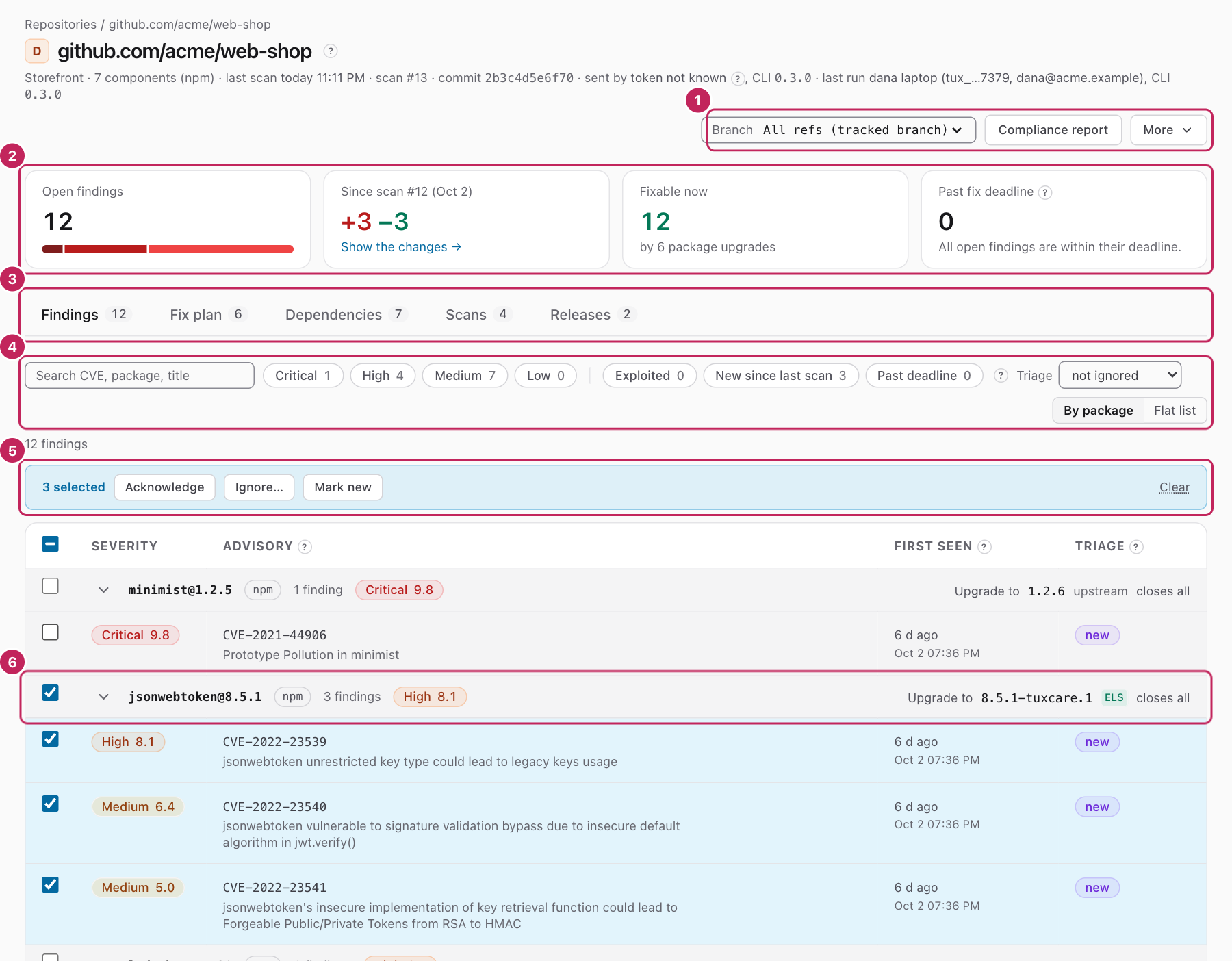 The page of the repository github.com/acme/web-shop, with the Findings tab open, the findings grouped by package, and one package selected for bulk triage.