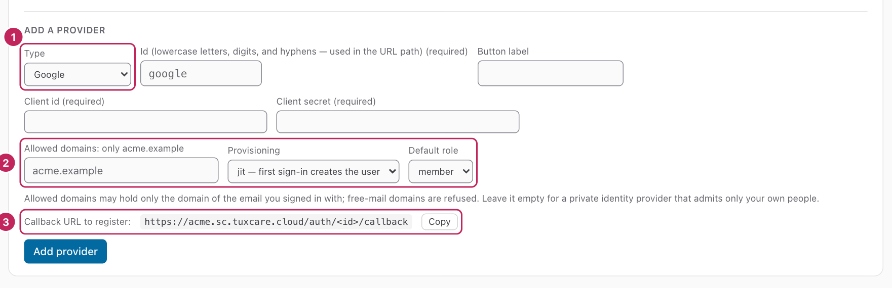The form Add a provider under Settings, Sign-in.
