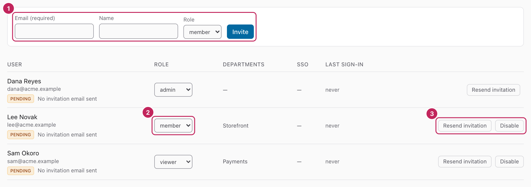 The Users page, with the invitation form and a table of three users.