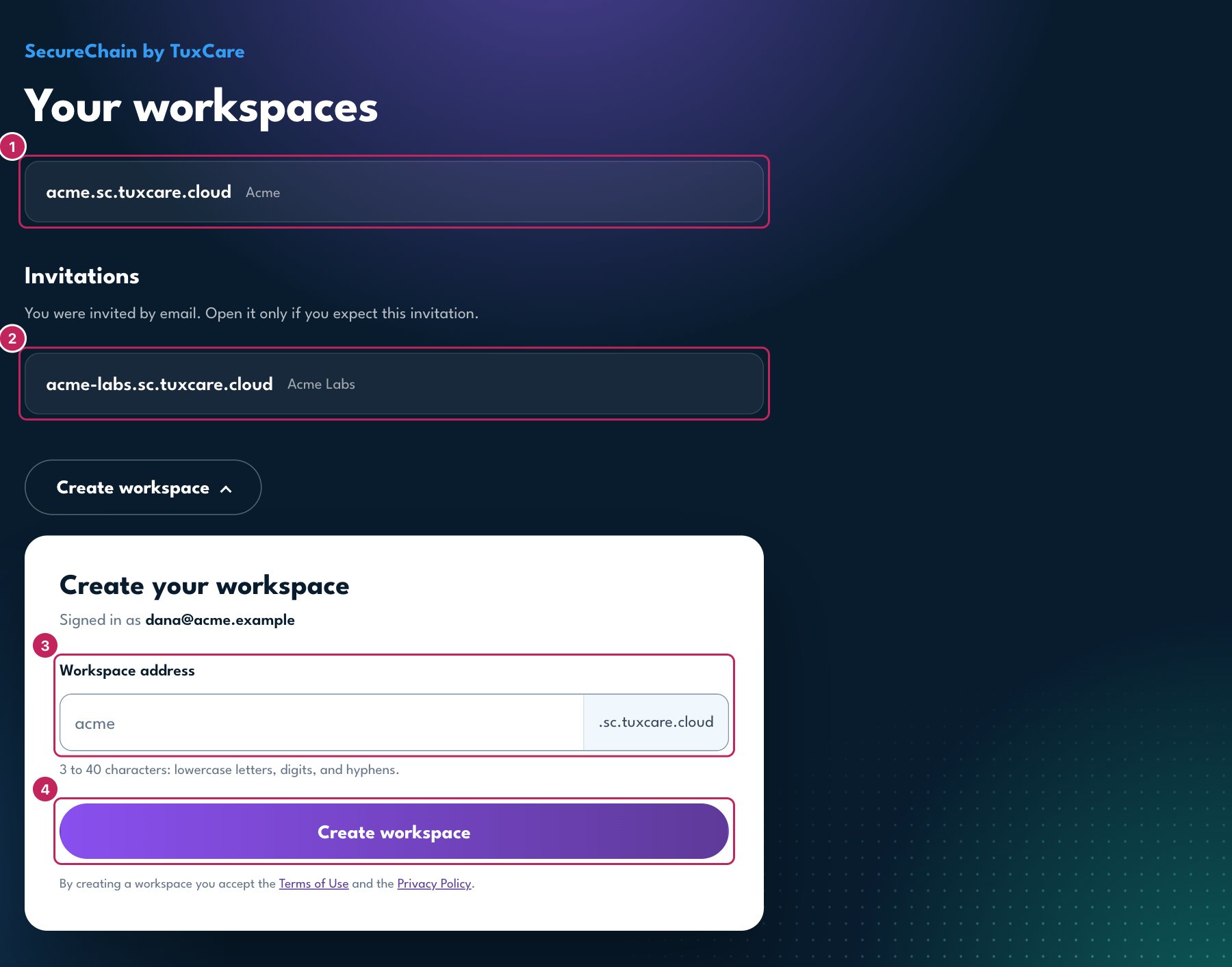 The page Your workspaces, with one workspace, one invitation, and the open form Create your workspace.